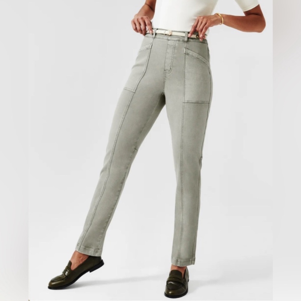 Spanx Stretch Twill Straight Leg Pant Women's Large Olive Oil Green